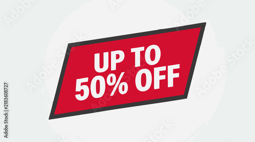 Up to 50% off red diagonal banner with discount promotion text