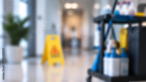 Blurred cleaning cart with detergents and a yellow wet floor sign in a building hallway
