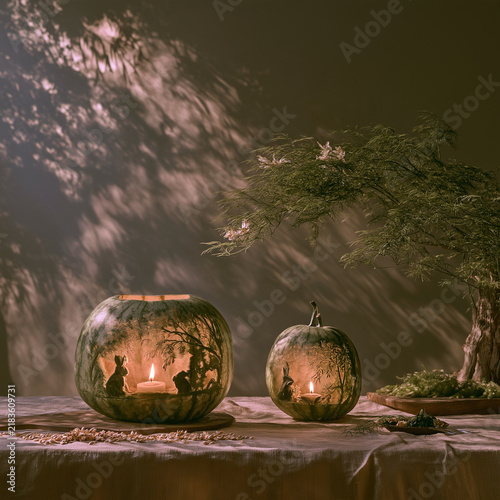Mid-Autumn watermelon lantern creative still life, hollowed watermelon carved with rabbit osmanthus patterns, warm candlelight projecting beautiful shadows, carving tools seeds nearby, folk fun wisdom