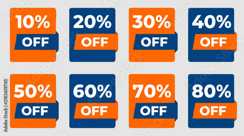 Discount offer tags with percentage values for online sales and promotions