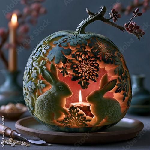 Mid-Autumn watermelon lantern creative still life, hollowed watermelon carved with rabbit osmanthus patterns, warm candlelight projecting beautiful shadows, carving tools seeds nearby, folk fun wisdom