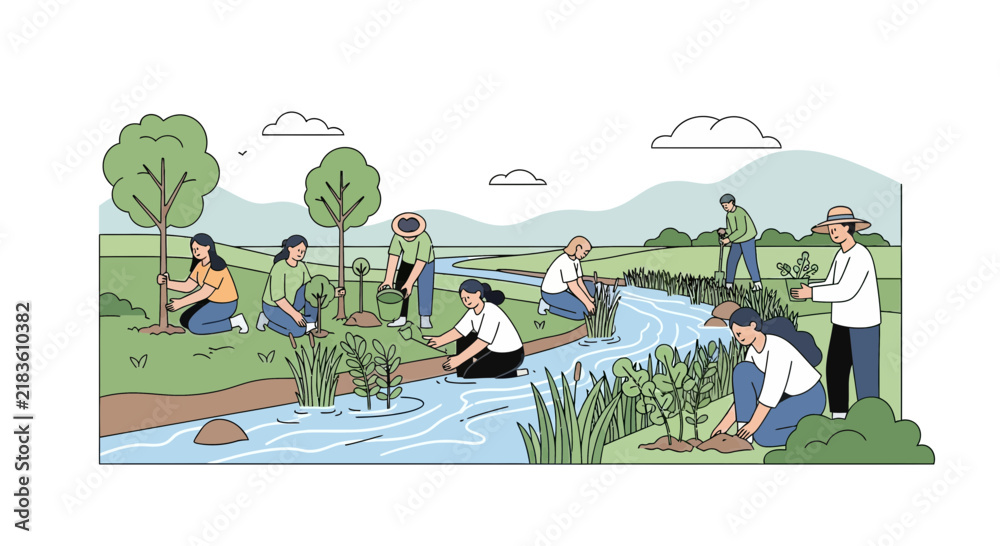 Fototapeta premium Environmentalists Planting Trees and Replanting Vegetation by a Stream