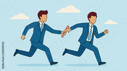 Two businessmen passing a baton in a relay race, teamwork concept