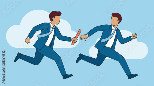 Business relay race: Two men in suits passing baton, symbolizing teamwork