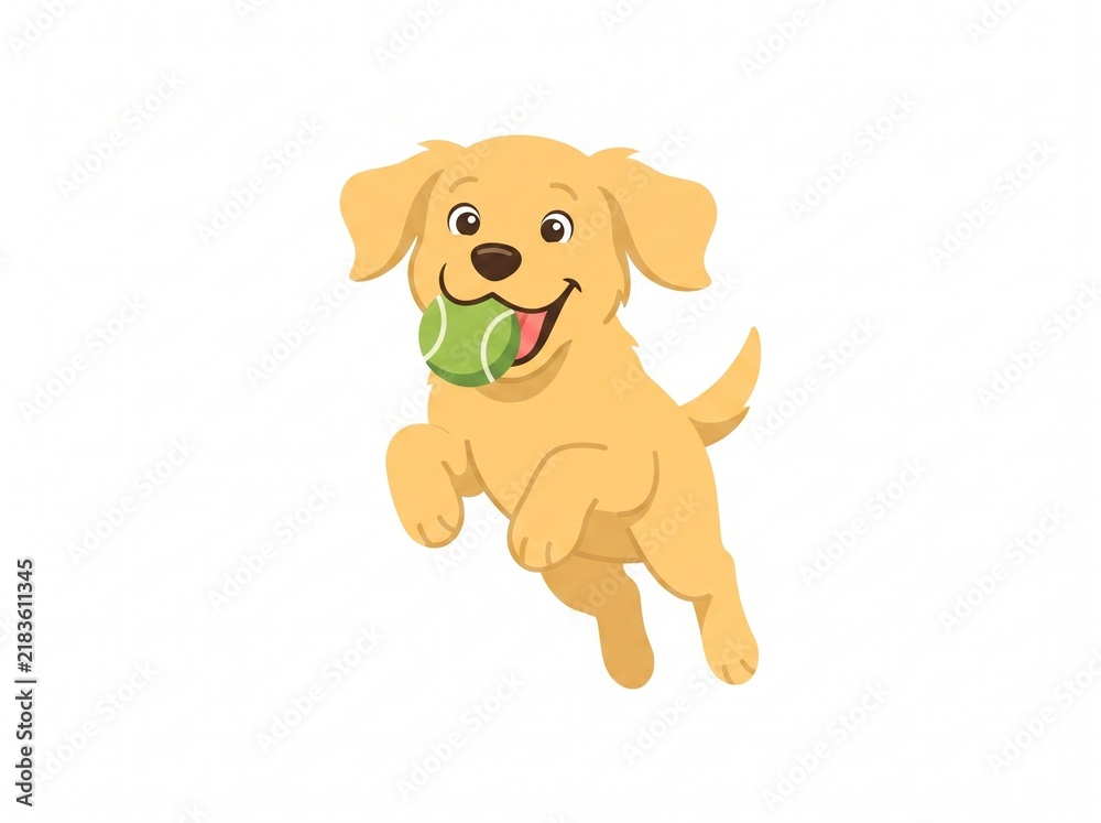 Obraz premium Cute Cartoon Golden Retriever Puppy Jumping With Tennis Ball on White Background, Playful Kawaii Dog Illustration