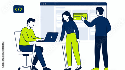 Software Development Team Collaborating on Digital Project Interface