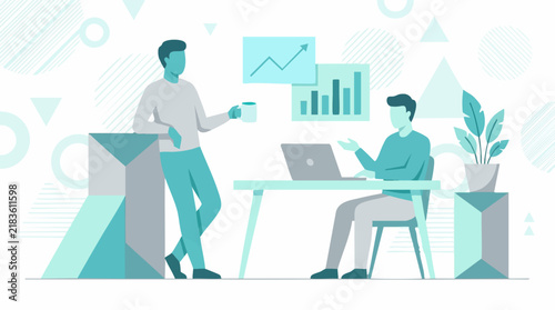 Professional Collaboration and Data Analysis in Modern Office Illustration