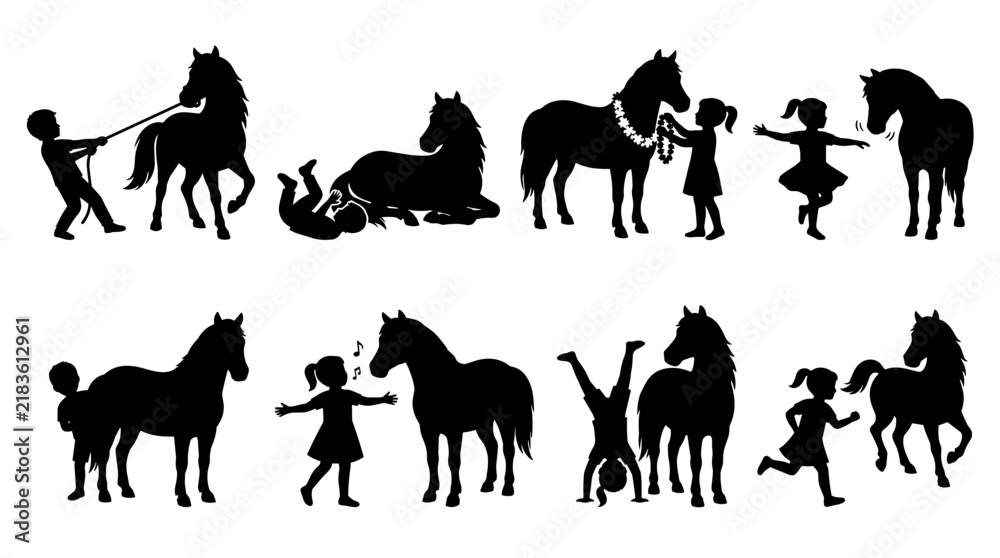 Fototapeta premium Set of silhouettes of children playing with horses, various action poses, equestrian bonding and friendship, farm life leisure, childhood joy