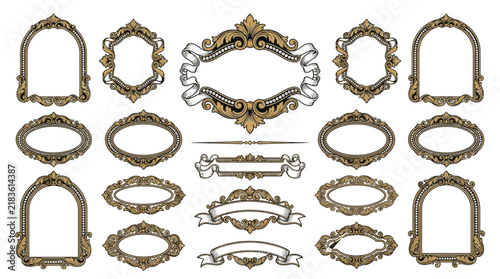 Ornate Vintage Frames and Ribbons Collection Isolated Transparent Background