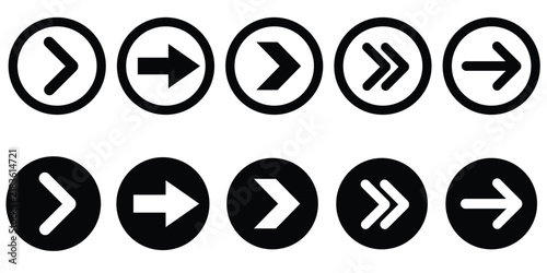 Circle arrow buttons set with forward chevron and next direction icons in filled and outline styles