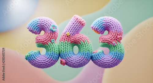363 Number Set: Multicolored Knitted 3D Digits with Flower Decorations and Soft Background