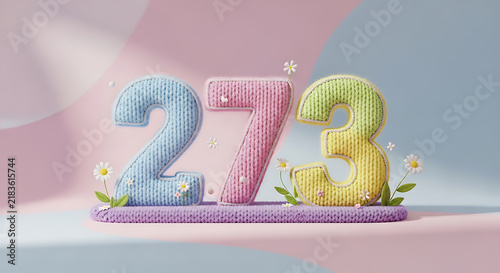 273 Number Set: Knitted 3D Digits with Daisy Accents on a Purple and Blue Base