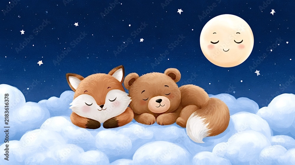 Obraz premium Cute fox and bear cubs sleeping peacefully on fluffy white clouds beneath a dark blue starry sky with a smiling full moon, dreamy nursery illustration of cozy friendship