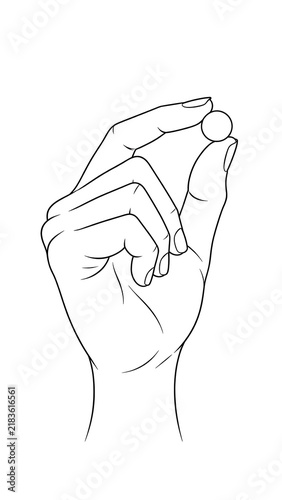 Obraz na płótnie Line drawing of a hand holding a small round pill or tablet with medicine medica