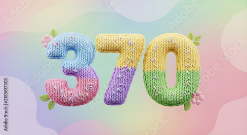 Knitted number 370 with pastel colors and flowers, representing childhood, joy, and creativity. Perfect for party invitations, educational materials, or spring themes.