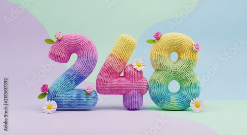 Colorful knitted numbers 248 with tie-dye effect and floral embellishments. A charming visual for birthdays, anniversaries, or any celebration needing a playful touch.