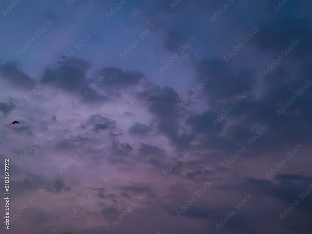 Fototapeta premium Twilight Sky with Moody Clouds, Purple Hues and Bird in Flight