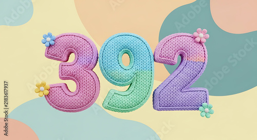 Knitted numbers 392 with a soft pastel color block design in pink, blue, green, and purple, decorated with small flowers. Ideal for whimsical and cheerful projects.