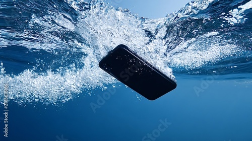 Smartphone plunging into blue water with dramatic splash and bubbles, illustrating accidental liquid damage, submersion risk, waterproof testing, or tech malfunction scenarios