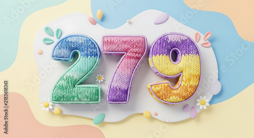 Charming knitted numbers 279 in unique pastel color blocks with tiny flowers and leaves on abstract background