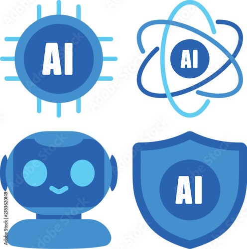 artificial intelligence, AI icon, AI chip, processor, semiconductor, atom, science, physics, AI research, robot, chatbot, robot face, AI assistant, security, shield, protection, cybersecurity, AI safe