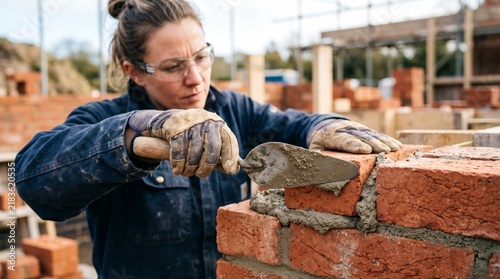 Woman bricklayer laying red bricks with trowel and mortar at construction site. Female builder wearing safety glasses and work gloves building brick