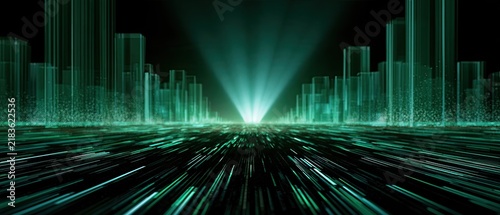 Futuristic digital city with glowing green lights and a radiant beam