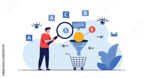Marketing expert uses a magnifying glass to analyze a sales funnel where data and coins turn into a shopping cart order.