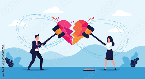 Man and woman in professional attire use large wooden gavels to shatter a red heart icon into many small pieces.