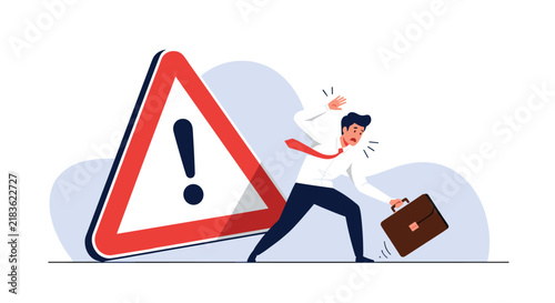 Terrified businessman drops his briefcase and cowers in fear before a giant red and white exclamation mark warning sign.