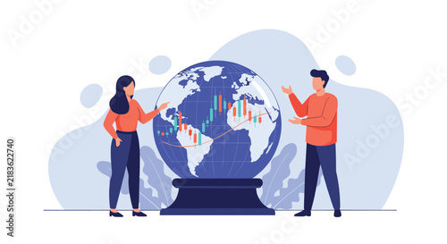 Man and woman analysts discuss global market trends displayed as colorful candle charts on a large world globe.