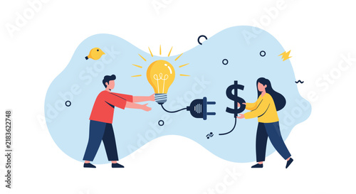 Man holding a glowing lightbulb and a woman holding a large dollar sign prepare to connect them with an electric plug.