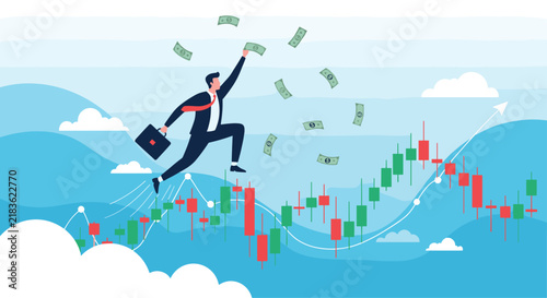 Dynamic businessman leaps across a fluctuating financial candle chart while catching green banknotes falling from the sky.