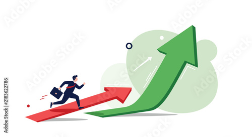 Enthusiastic businessman in a suit sprints along a series of rising red and green arrows symbolizing career growth.