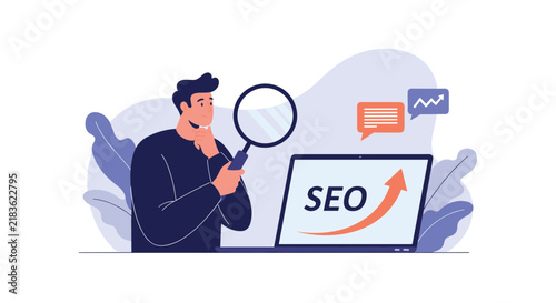Pensive digital marketer uses a magnifying glass to study a laptop screen showing a significant upward SEO growth arrow.