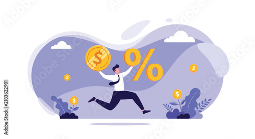 Energetic businessman jumping in the air while holding a gold coin and a large percentage symbol to represent financial growth.