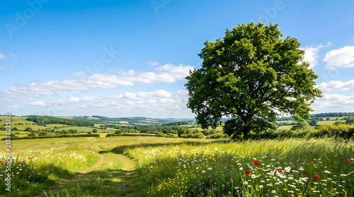 Large oak tree in a wildflower meadow during a bright day of summer