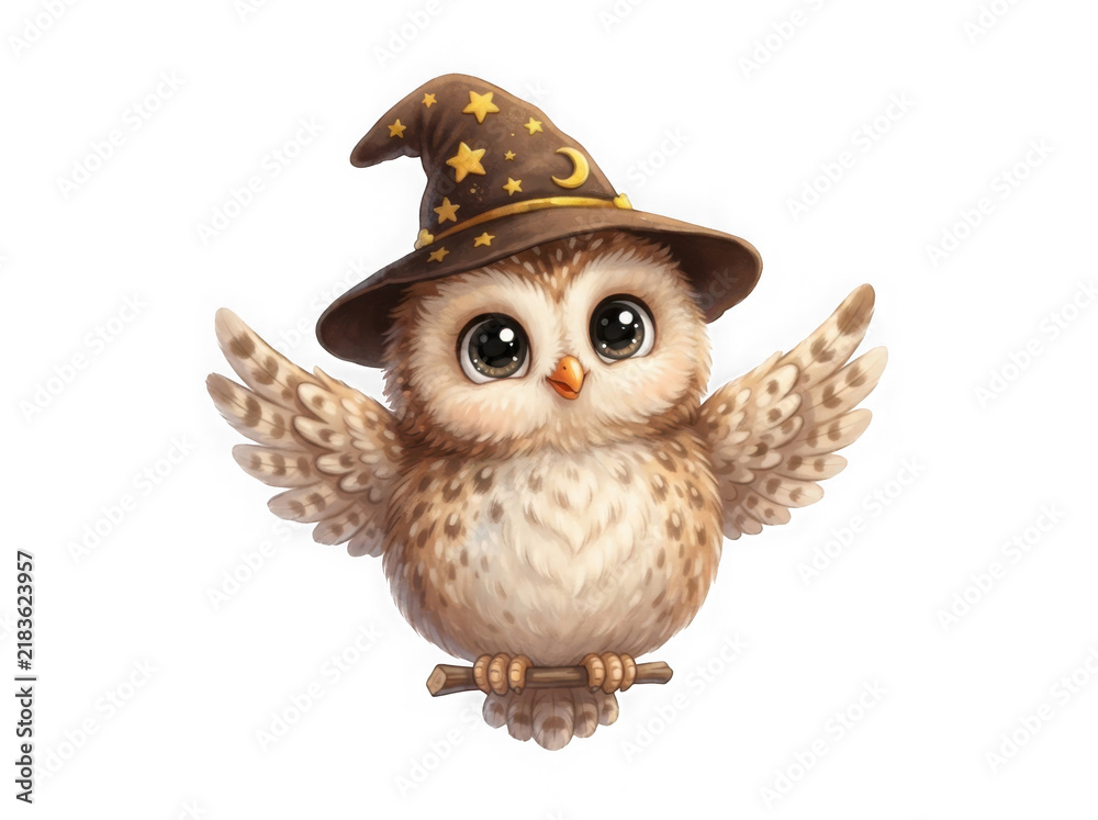 Obraz premium Cute baby owl wearing wizard hat isolated on transparent
