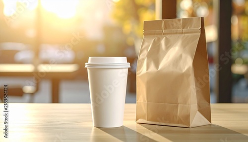 テイクアウト用コーヒーカップと紙袋のモックアップ カフェブランディングやロゴ合成用のコピースペース
