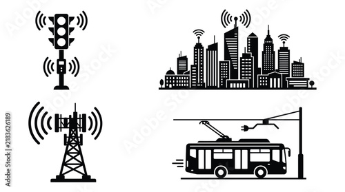 Bild auf Leinwand Traffic Light Cityscape Cell Tower And Trolley Bus Silhouette Collection