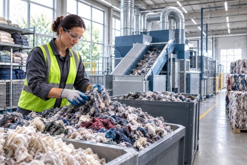 Worker Sorting Textile Waste in Recycling Facility