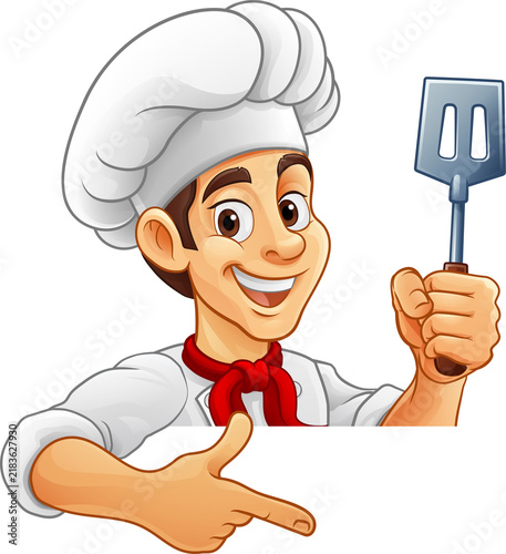 Konstfotografi A chef, baker or cook cartoon mascot man holding spatula or barbecue flipper pee