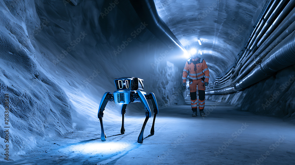Fototapeta premium Autonomous four-legged inspection robot inside a dark underground mine tunnel with a worker wearing protective gear in the background