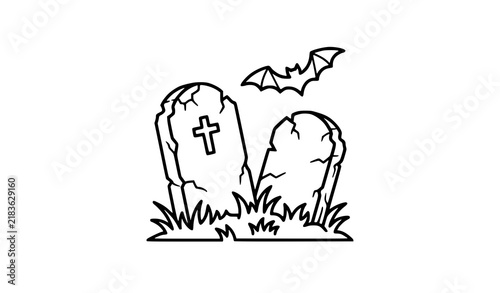 Black and white line art illustration of two old tombstones with a flying bat in a graveyard