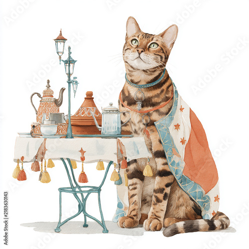 Majestic cat adorned with decorative blanket sits at elegant table set for tea in vibrant outdoor setting