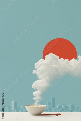 City skyline at sunset with a steaming bowl of food and clouds rising against a vibrant sky