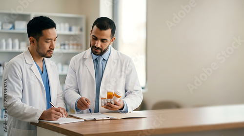 Two diverse male pharmacists discussing medication and writing prescriptions at pharmacy counter