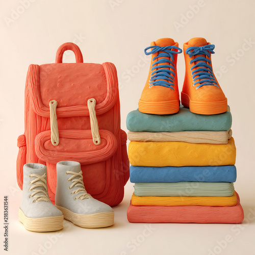 Colorful backpack and stacked clothes with playful footwear in a creative display
