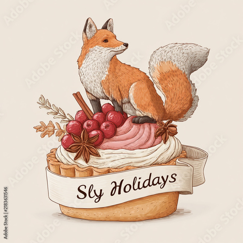 Adorable fox sitting proudly on a festive dessert topped with cherries and spices for a holiday celebration