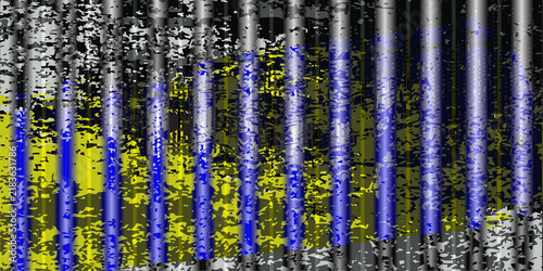 Abstract blue and yellow industrial striped pattern with glitch effect and distressed metal texture for techno designs.